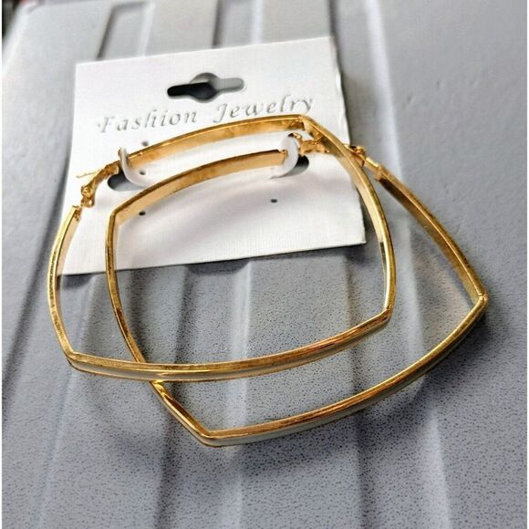 Hoop Earrings Gold Tone Fashion Jewelry Eggshell White Lightweight Career Square - Picture 6 of 15
